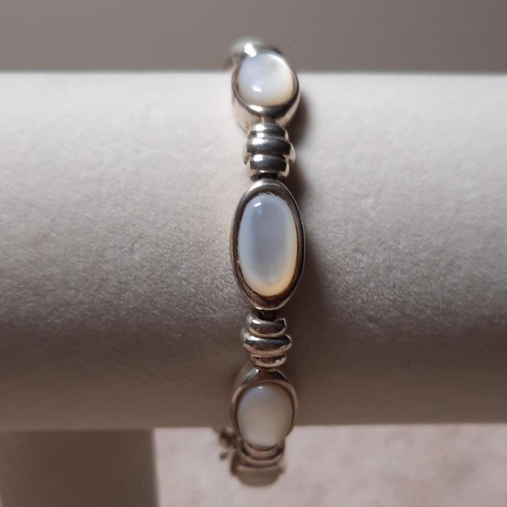 Mother of pearl bracelet oval gemstones tennis link style sterling silver
